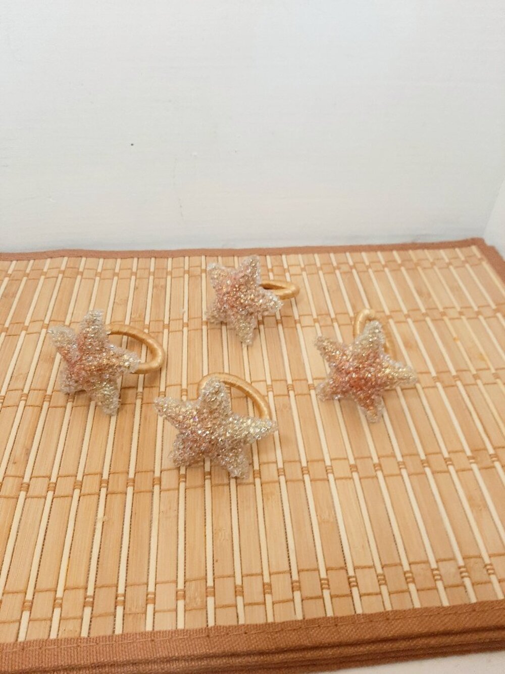Set of 4 Bamboo Placemats and 4 beaded irridescent Starfish NapkinRings